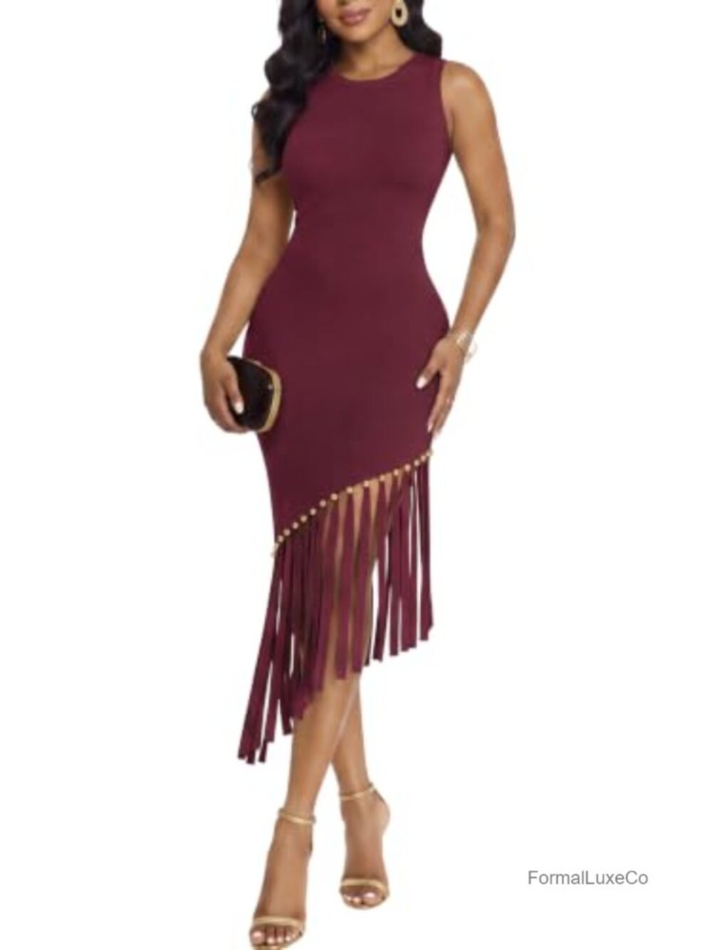 Elegant Knit Bodycon Midi Dress Sleeveless Fringe Hem Cocktail Party